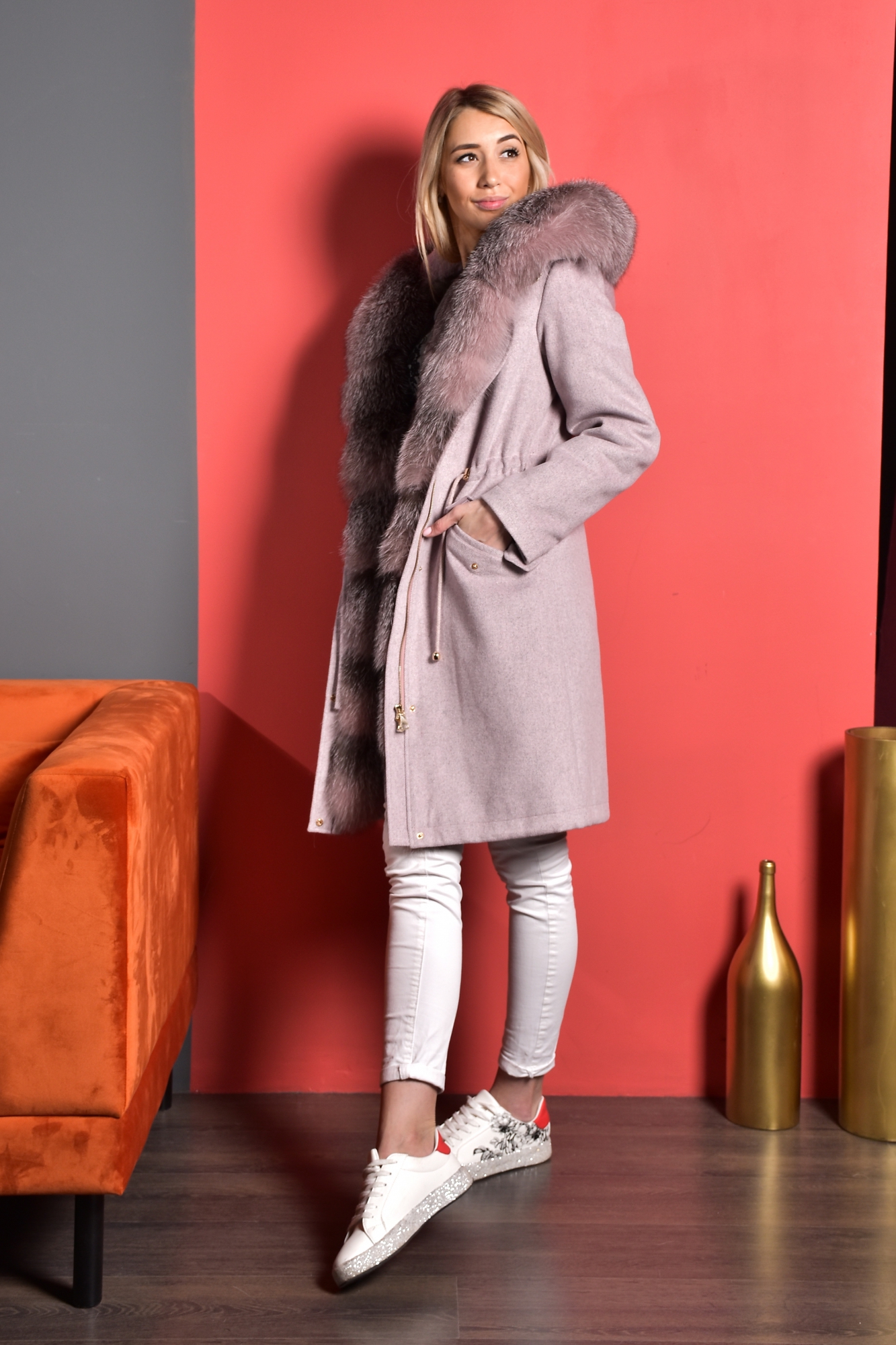 Кашемировая парка пудровой расцветки