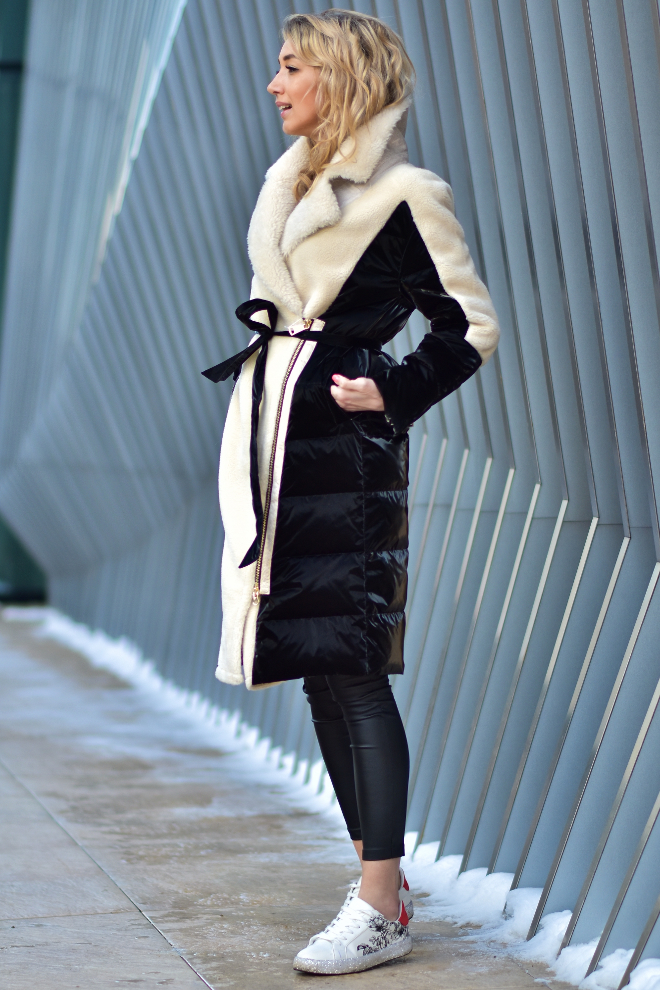 Комбинированное пальто из натуральной шерсти