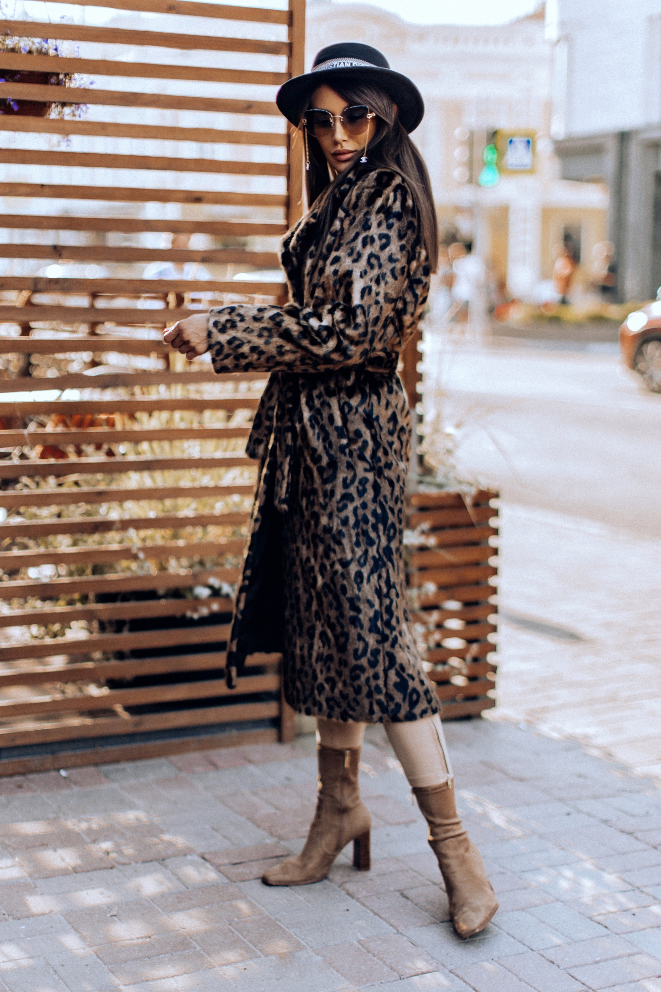 Леопардовая экошуба пальто с поясом